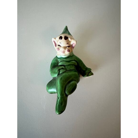 Vintage Green Pixie Elf Shelf Sitter Ceramic Figurine Knee Hugger - Picture 9 of 9